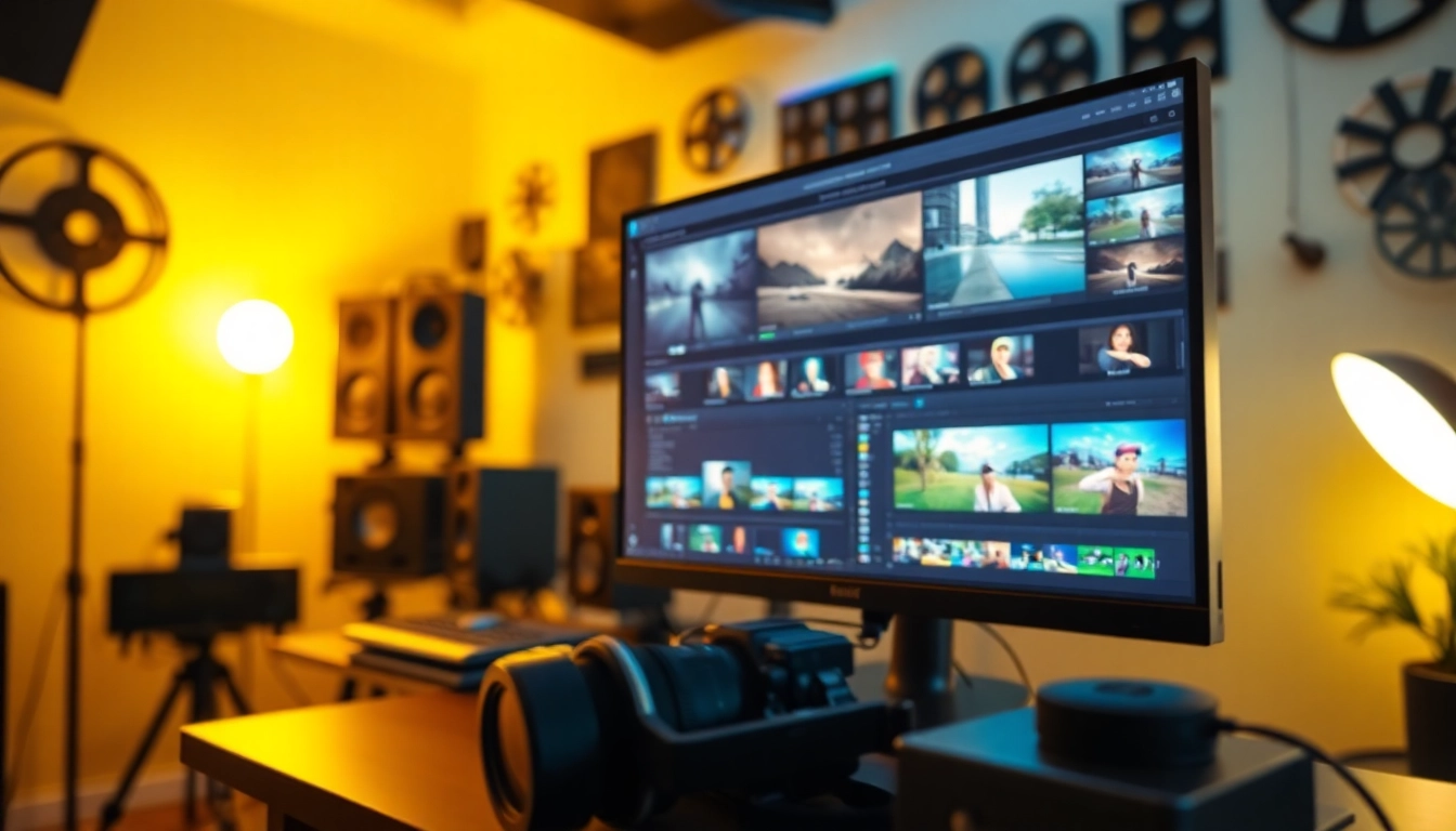 Offering professional video editing services, a focused editor works in a well-lit studio filled with equipment.
