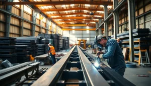 Elevated view of a busy steel fabrication shop showcasing skilled welding and teamwork.