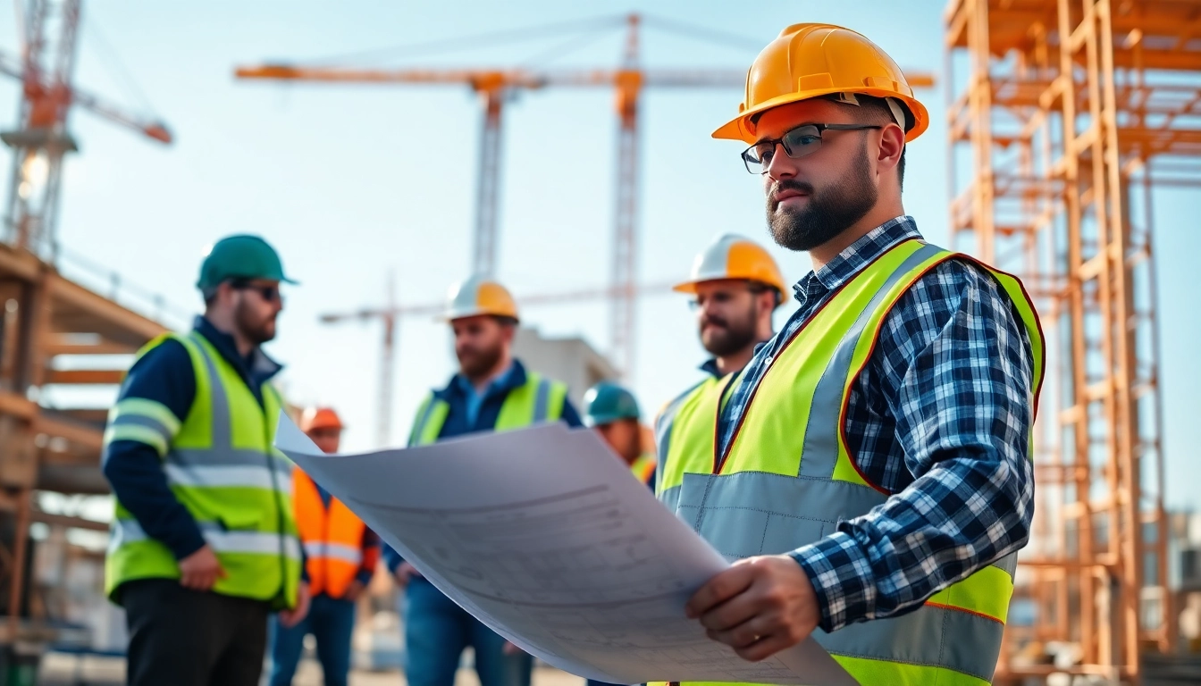 New Jersey Construction Manager reviewing blueprints at a busy construction site to ensure project success.