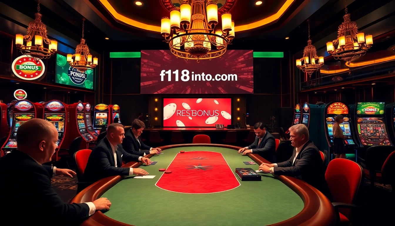 Experience the excitement at f168info.com with players enjoying high-stakes poker in a luxurious casino setting.