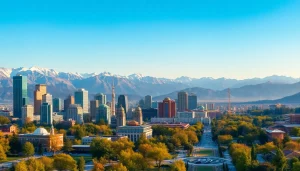 Capture the vibrant cityscape of Almaty, Kazakhstan, at sunset, showcasing https://albmaftoh.com's cultural essence.