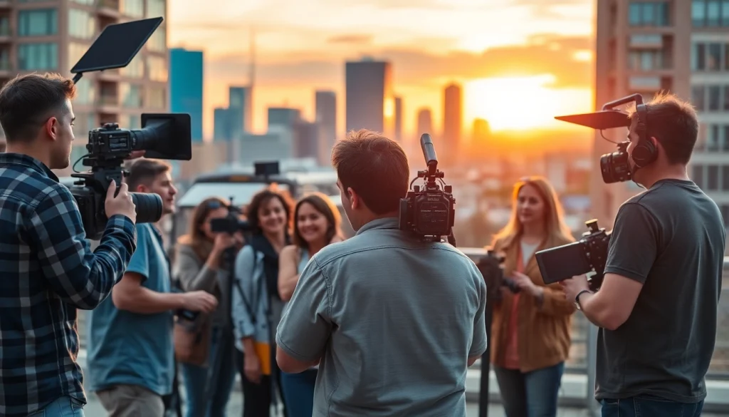Collaborative scene featuring a Video Production Company Phoenix team capturing vibrant footage in an urban setting.