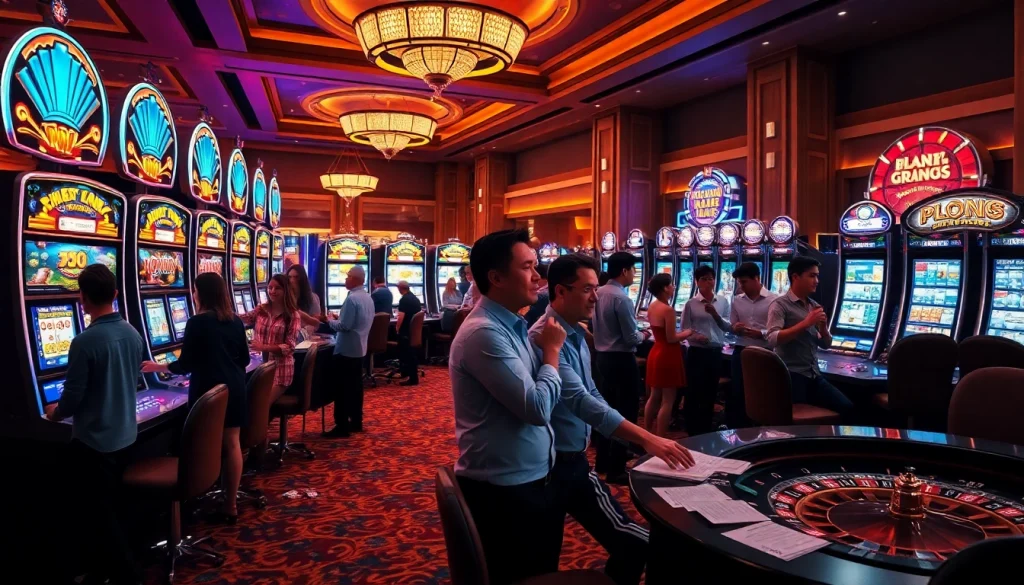 Slot Online gaming action with excited players at luxurious slot machines in a vibrant casino setting.