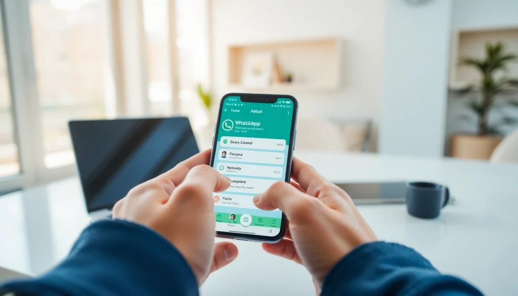 FM WhatsApp displayed on a smartphone in a bright, modern workspace, showcasing its user-friendly features.