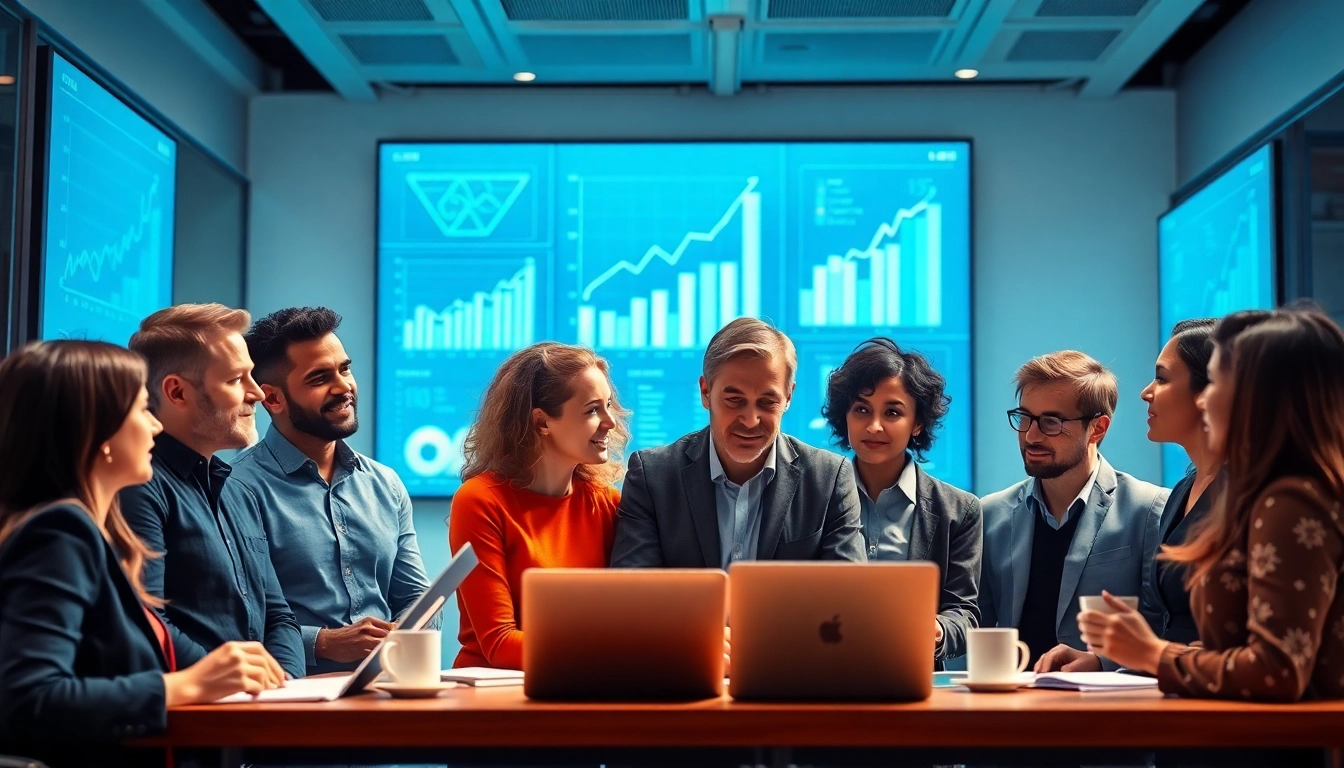 Analyzing growth strategy trends with a professional team in a modern office.