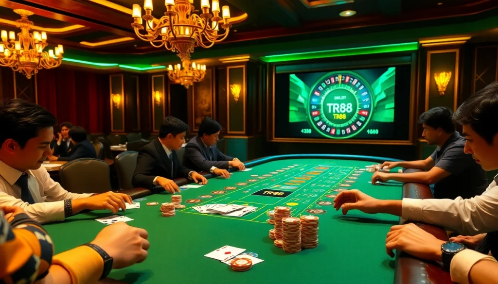 Engaged players at a poker table celebrating wins with TR88 poker chips in a luxurious casino atmosphere.