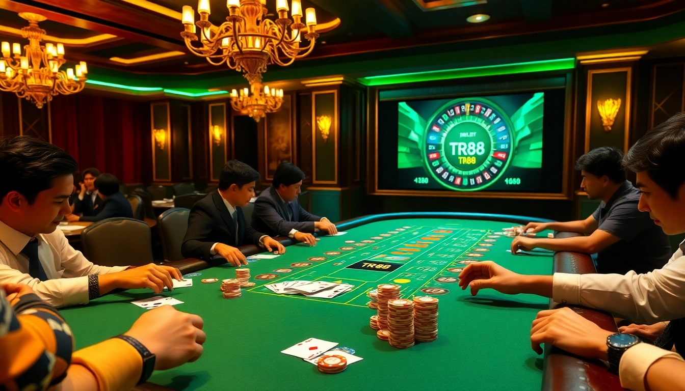 Engaged players at a poker table celebrating wins with TR88 poker chips in a luxurious casino atmosphere.