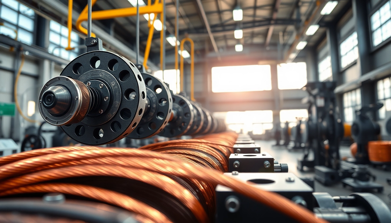 Showcasing a flexible wire manufacturer in action, featuring intricate machinery and vibrant copper wires.