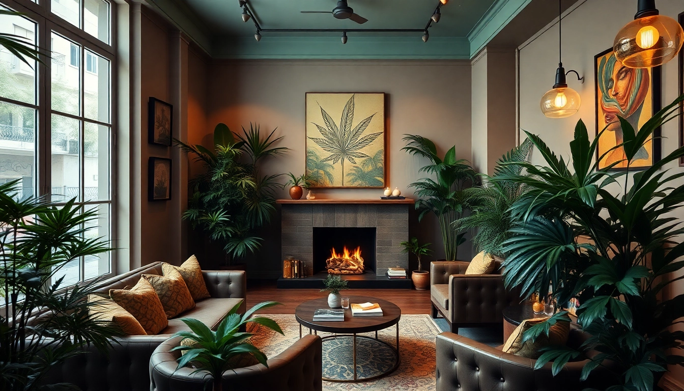 Cannabis Clubs Madrid inviting atmosphere with lush greenery and comfortable seating.