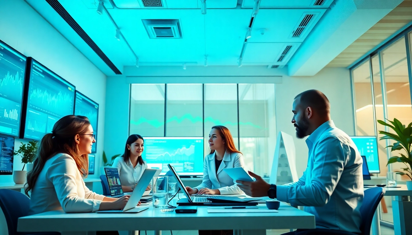 SEO Agentur Team discussing strategies in a bright, modern workspace.