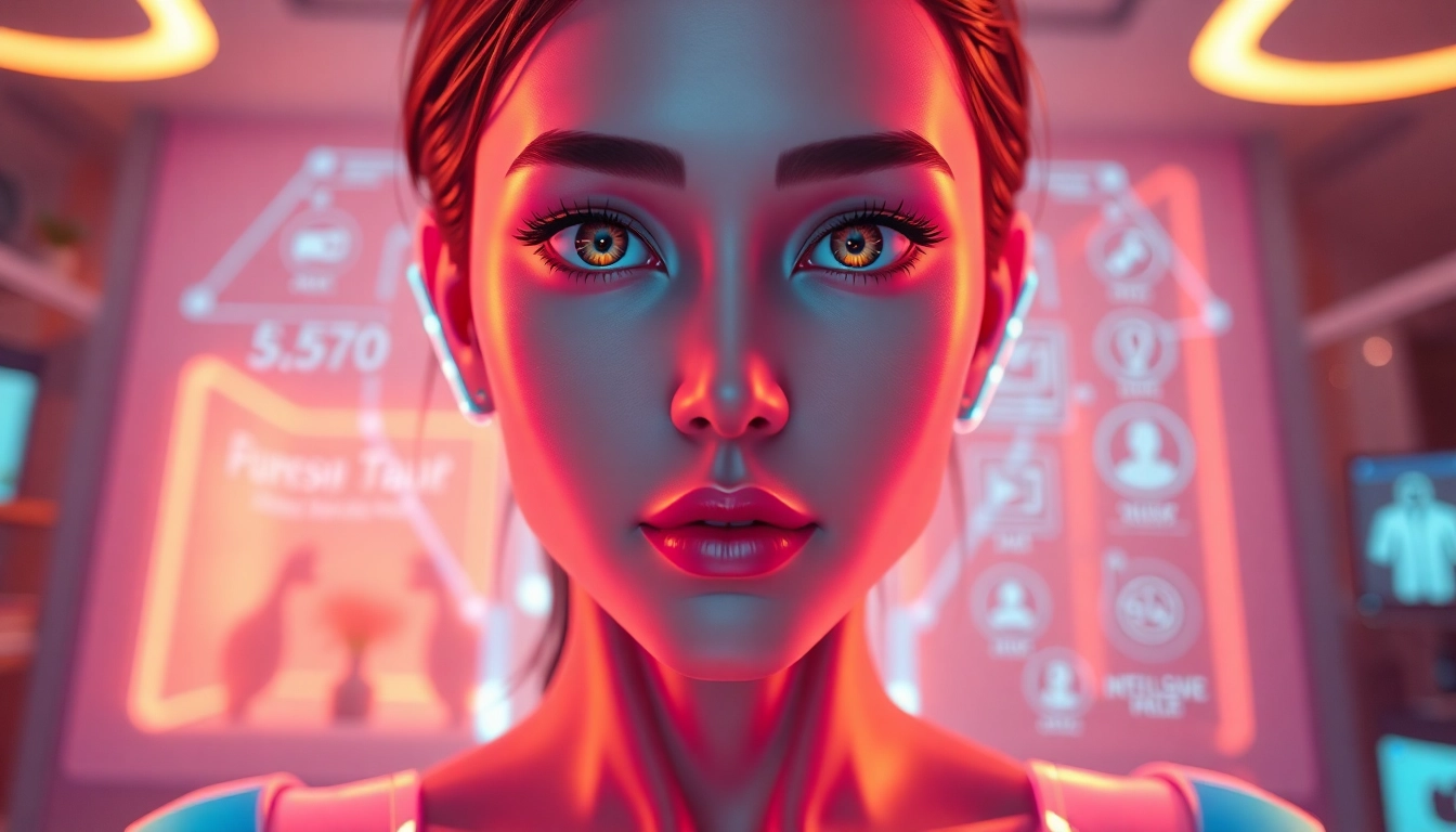 Interactive NSFW AI character in a modern virtual environment with vibrant colors