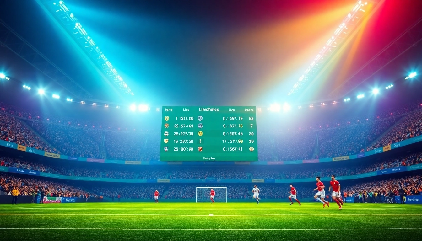 Check the latest บ้านผลบอลพรุ่งนี้ scores on a vibrant football scoreboard in a cheering stadium.