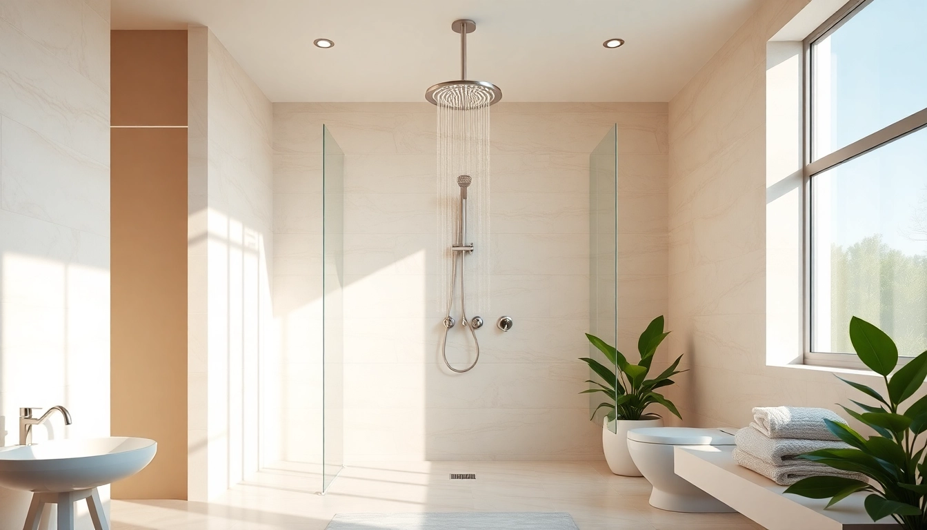 Experience a refreshing sunny shower in a bright, modern bathroom setting.