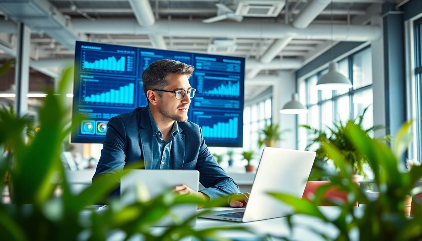 Cirt professional showcasing digital analytics in a modern office environment.