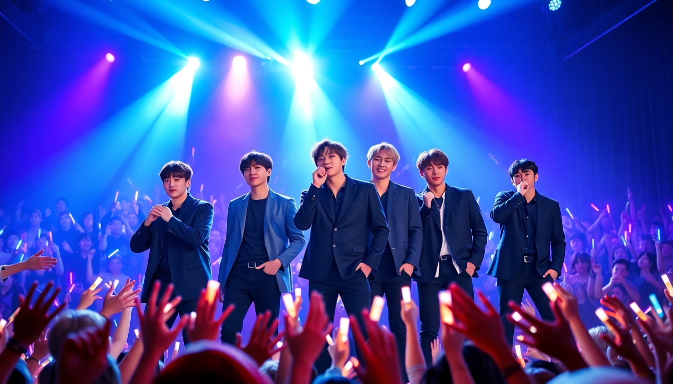 BTS members performing energetically on stage during a concert.