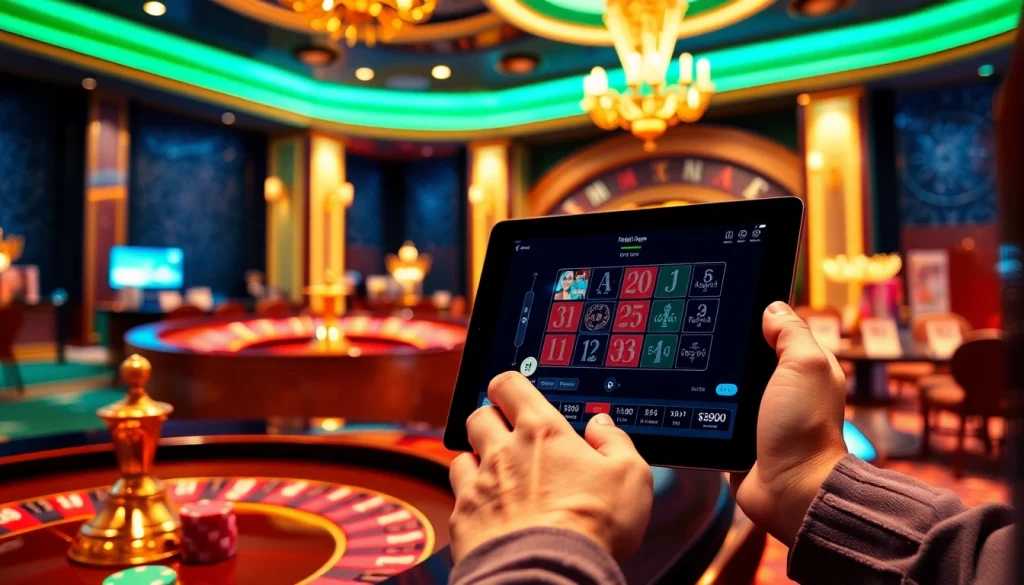 Experience the thrill of רמי אונליין with a stylish casino interface showcasing roulette and cards.
