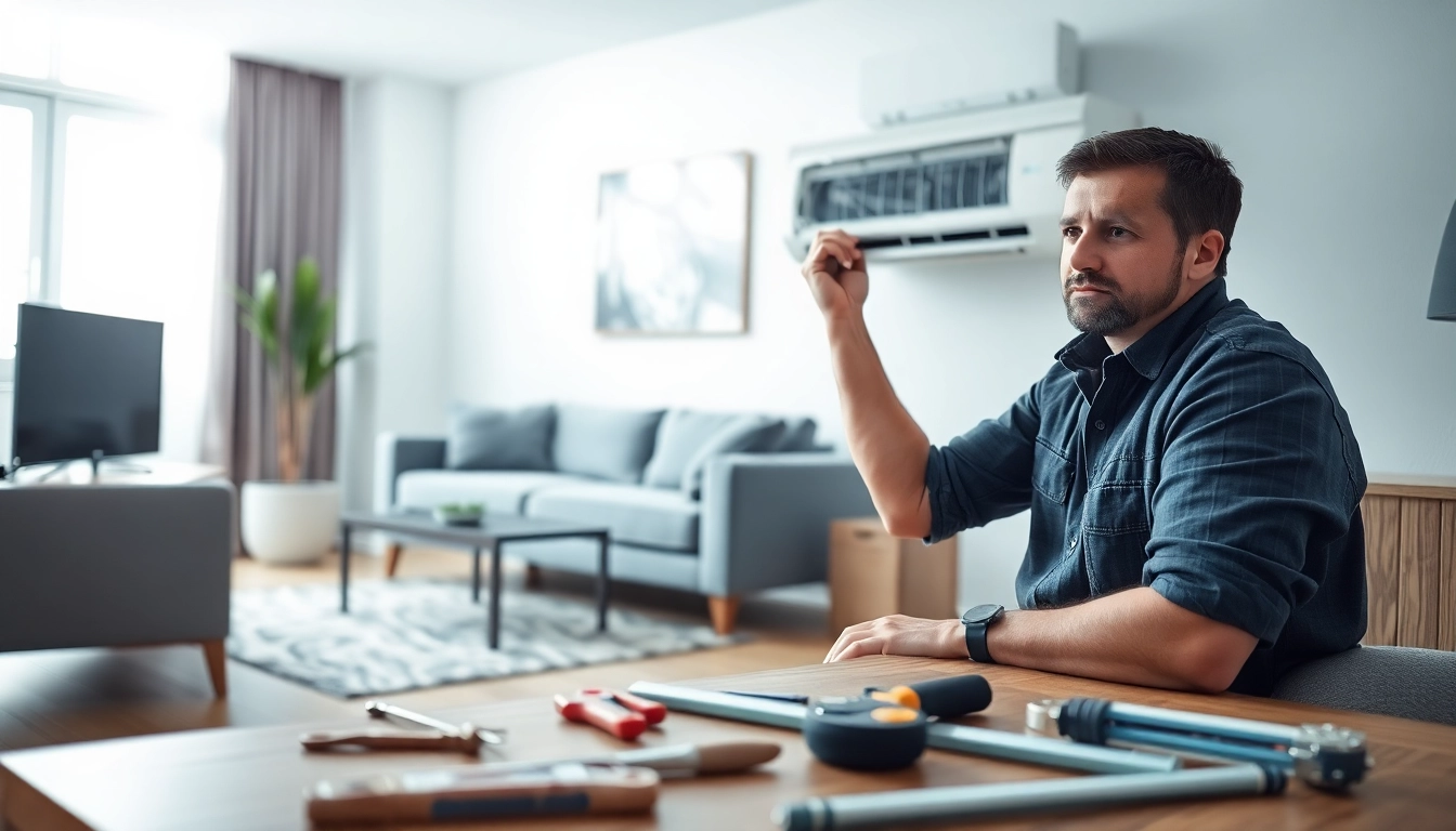 Technician providing hvac repair south salem services in a modern living room setting.