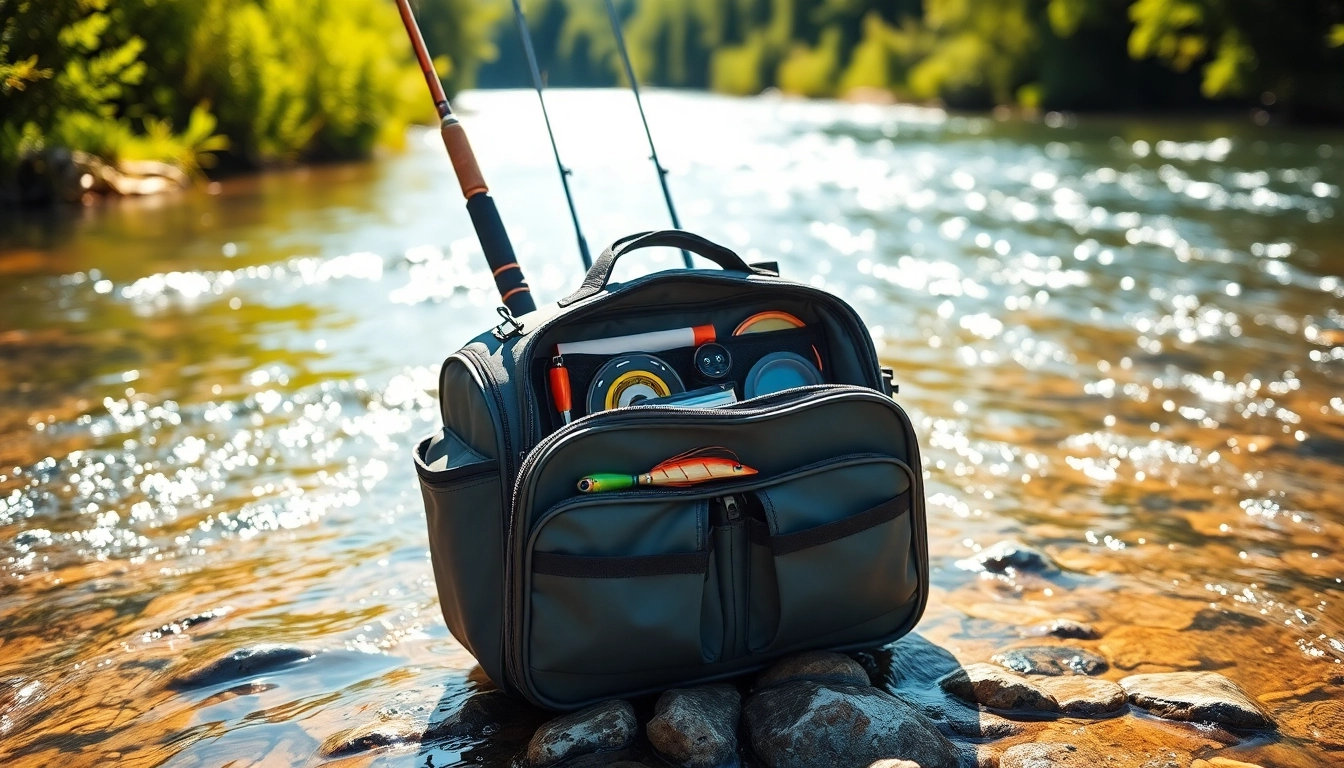 Featuring a Fly fishing bag filled with essentials, positioned by the riverbank showcasing its utility.