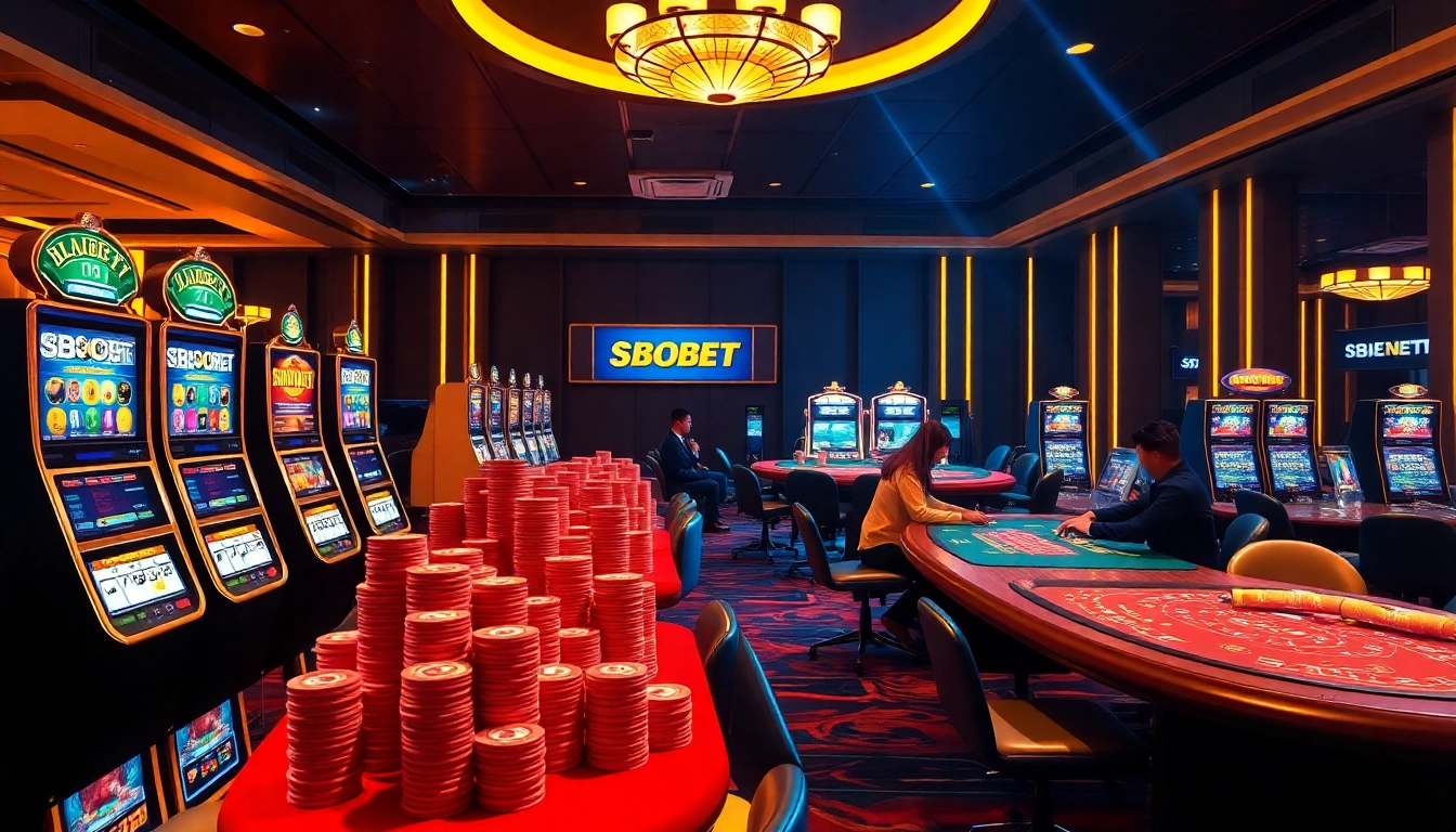 SBOBET players enjoying an engaging online gambling experience with vibrant casino elements.
