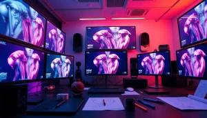A vibrant digital workspace showcasing NSFW AI image generation, featuring screens filled with lifelike, artistic creations.