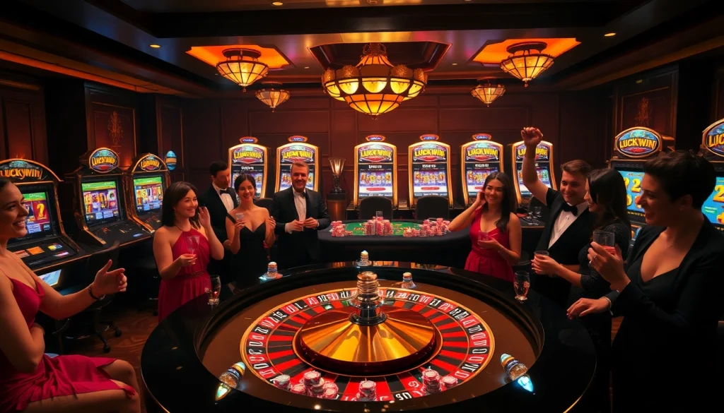 LUCKYWIN jackpot excitement at a vibrant casino with roulette and slot machines.