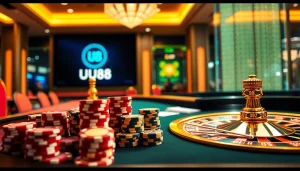 Experience high-stakes gaming with UU88 at a luxurious casino table featuring poker chips and cards.