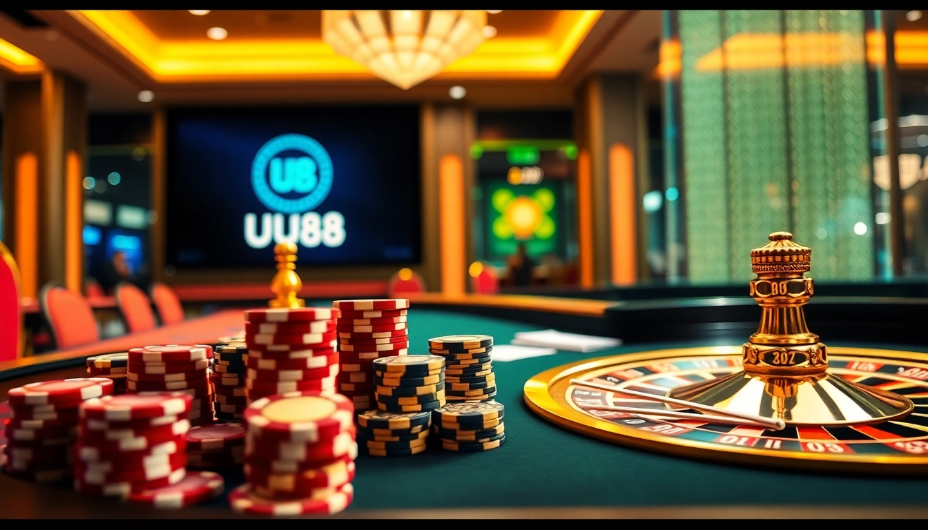 Experience high-stakes gaming with UU88 at a luxurious casino table featuring poker chips and cards.