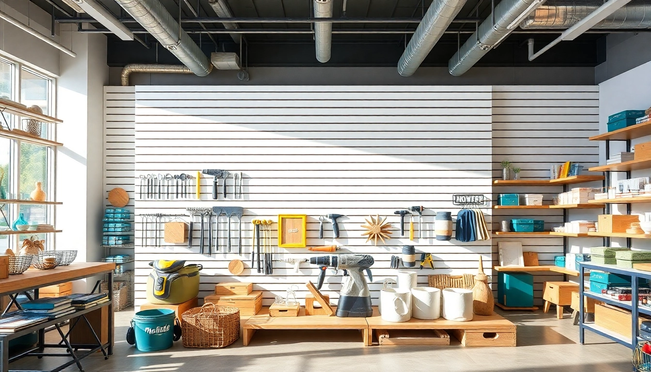 Showcasing an organized panel slat wall with various tools and décor items in a modern retail space.