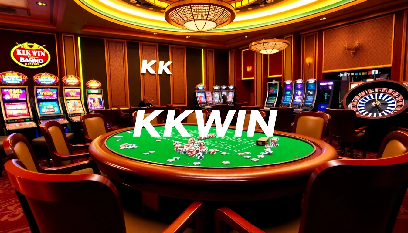 Exciting gameplay at kkwin casino with vibrant poker chips and a spinning roulette.