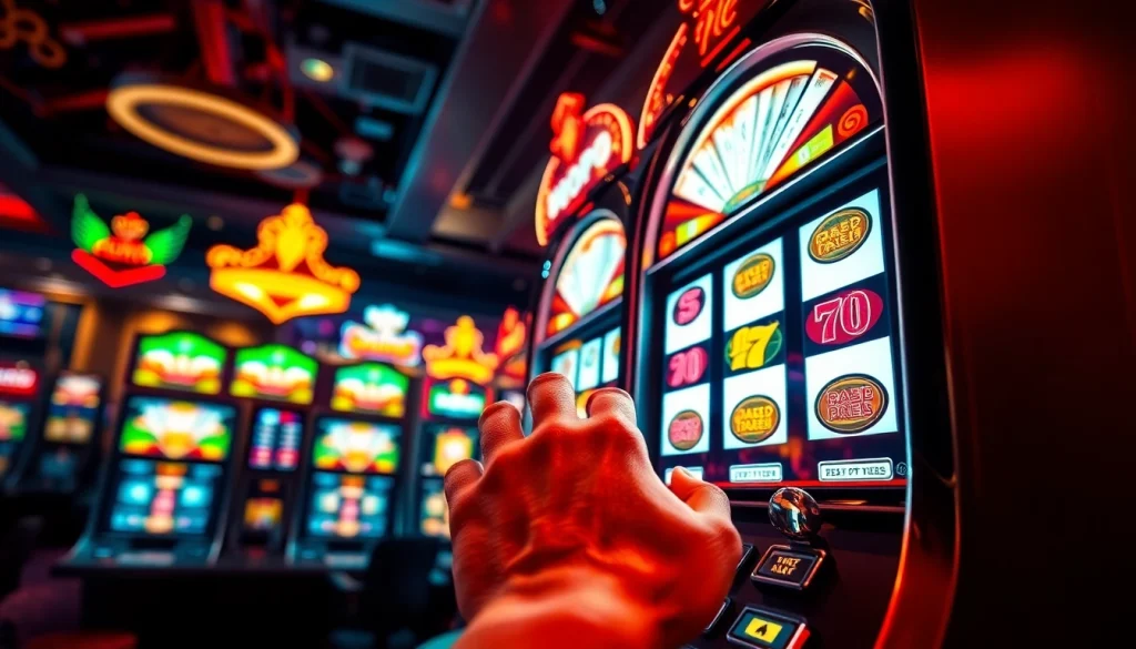 Pemain menang besar di mesin slot situs di kasino yang berwarna-warni.