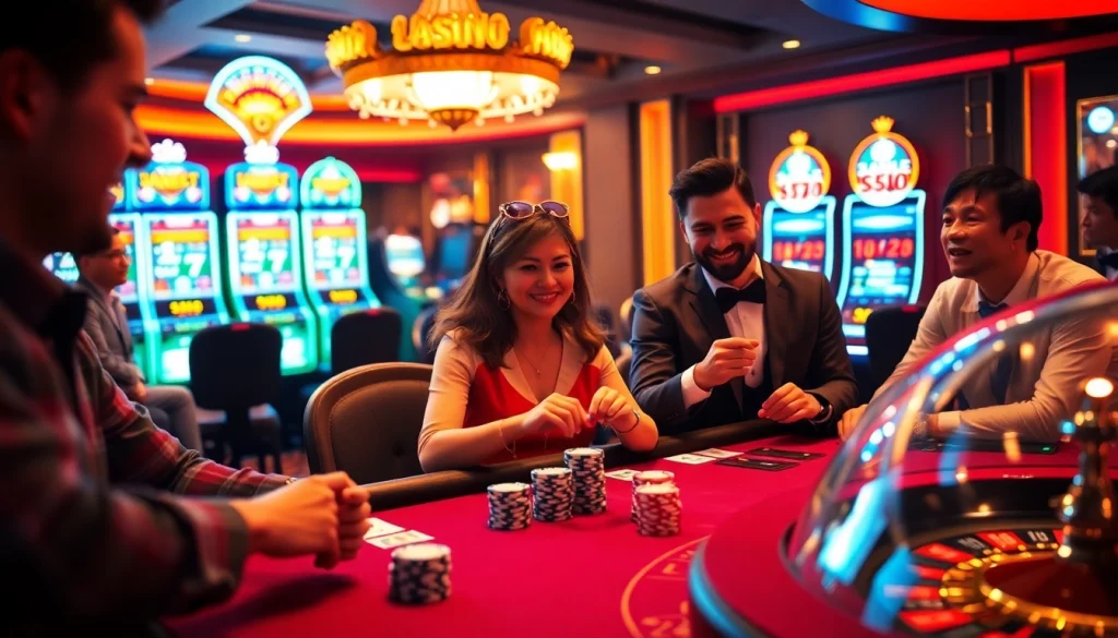 S88 gaming table reflecting excitement with enthusiastic players and vibrant slot machines.