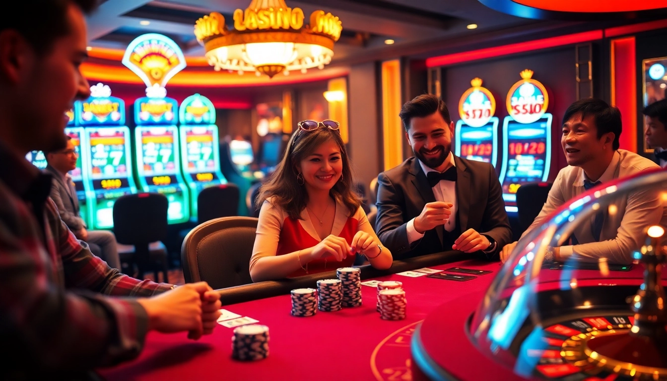 S88 gaming table reflecting excitement with enthusiastic players and vibrant slot machines.