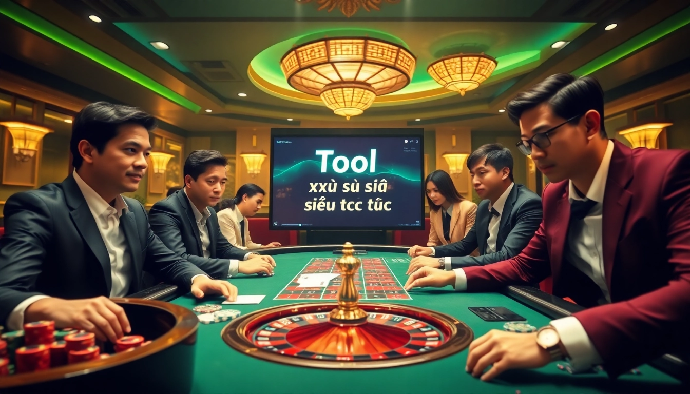 Engaging scene of gamblers utilizing the Tool xổ số siêu tốc at a vibrant casino table game.