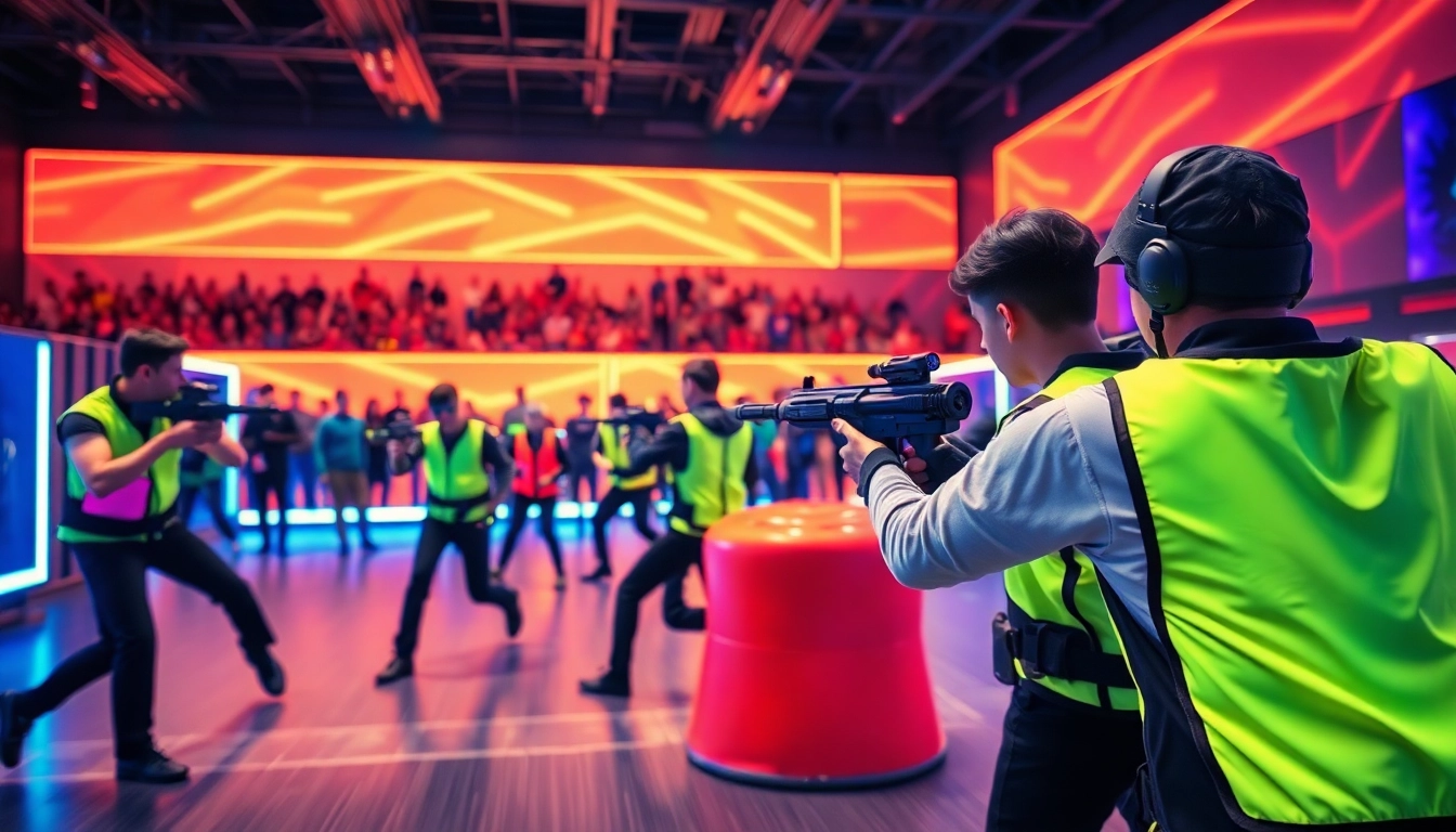 Experience a thrilling Laser tag match with players aiming and dodging in an exciting arena.