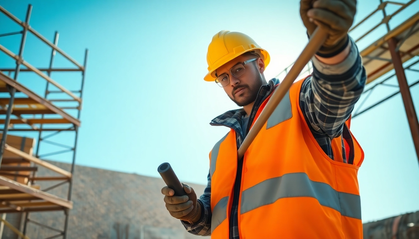 Highlighting careers in construction, a professional works on-site with tools amidst building materials.
