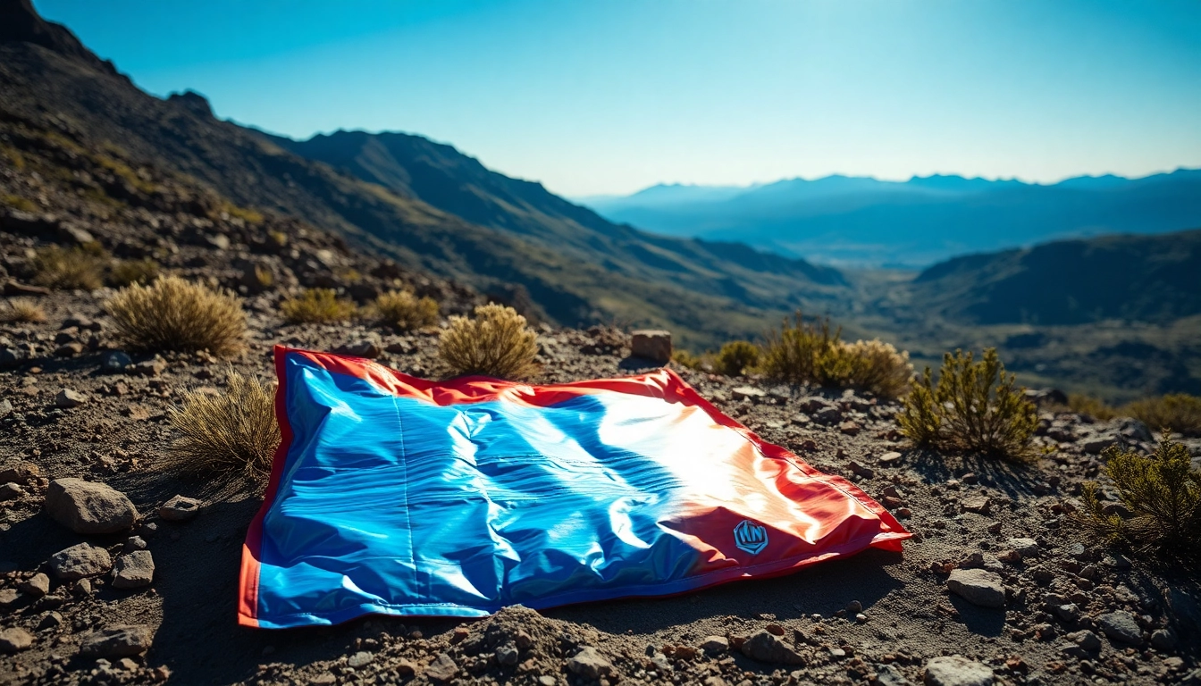 Emergency blanket showcased in a survival setting, reflecting sunlight and adventure.