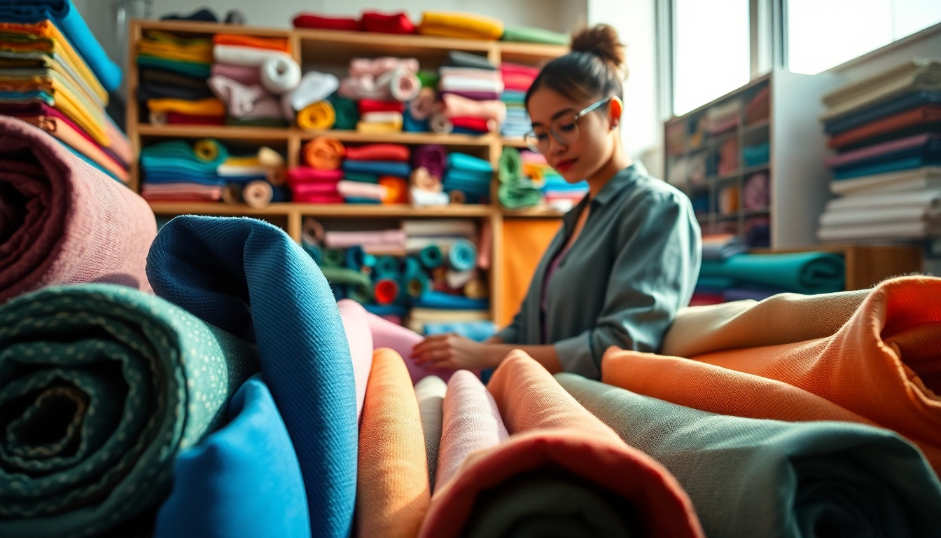 Ontdek de variëteit van jersey stoffen in een levendige studio met kleurrijke stoffen.