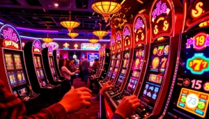 Para pemain yang bersemangat merayakan kemenangan di mesin slot pulsa dalam suasana kasino mewah.