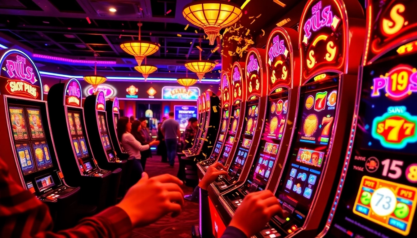 Para pemain yang bersemangat merayakan kemenangan di mesin slot pulsa dalam suasana kasino mewah.