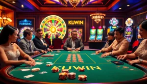 Kuwin casino players engaging in high-stakes poker at a beautifully designed table.