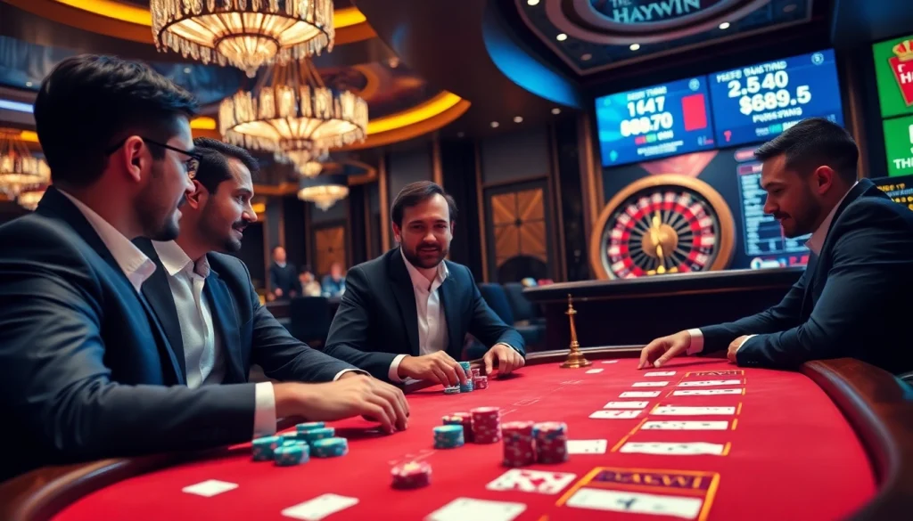 High-stakes poker game at Haywin casino showcasing excitement and professional atmosphere.