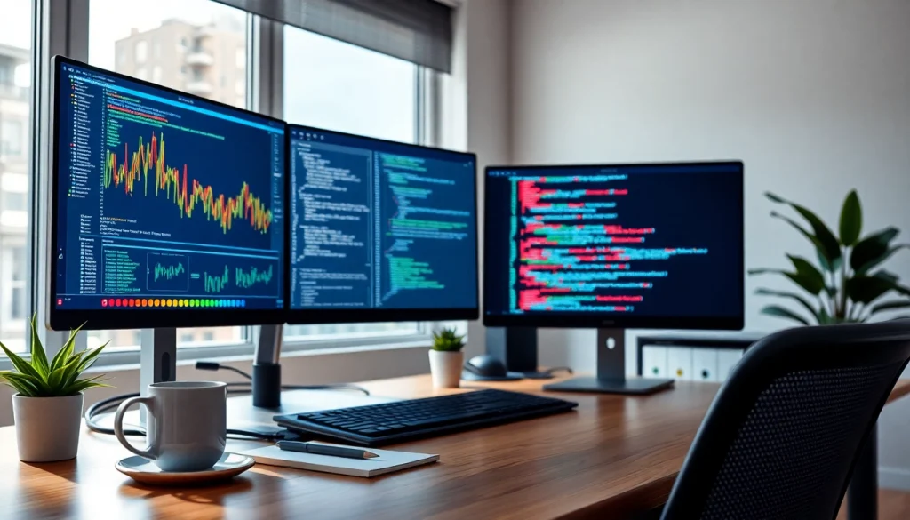 Web scrapping in a modern workspace, featuring dual monitors with data and code.