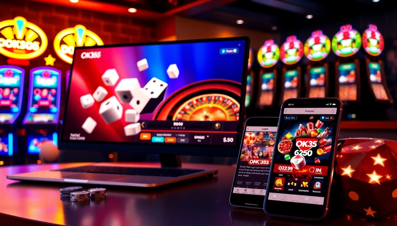 Experience the thrill of online gambling with OK365's vibrant casino setup featuring poker chips and roulette.