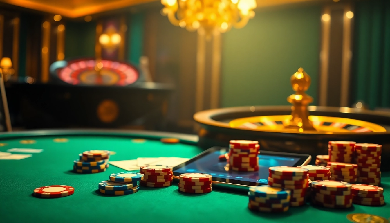 Engage in thrilling gaming at indoxxi with an extravagant casino scene featuring poker chips and a roulette wheel.