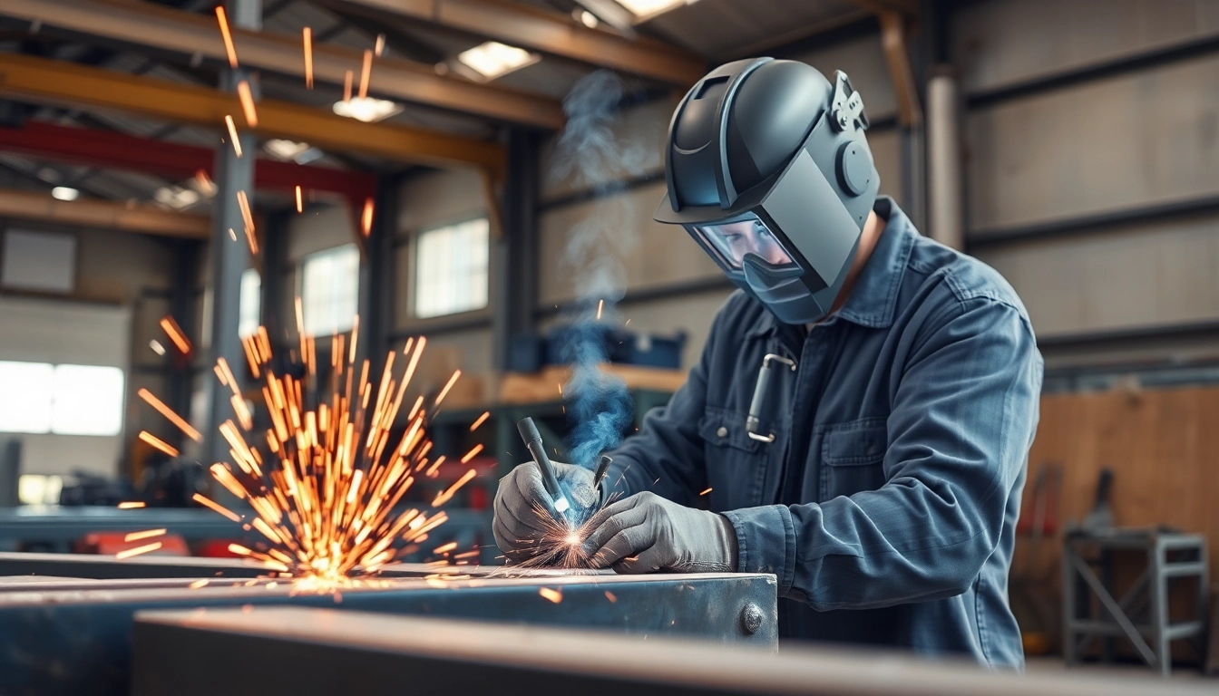 Engaged in structural steel welding, a welder meticulously joins steel beams, showcasing precision craftsmanship.