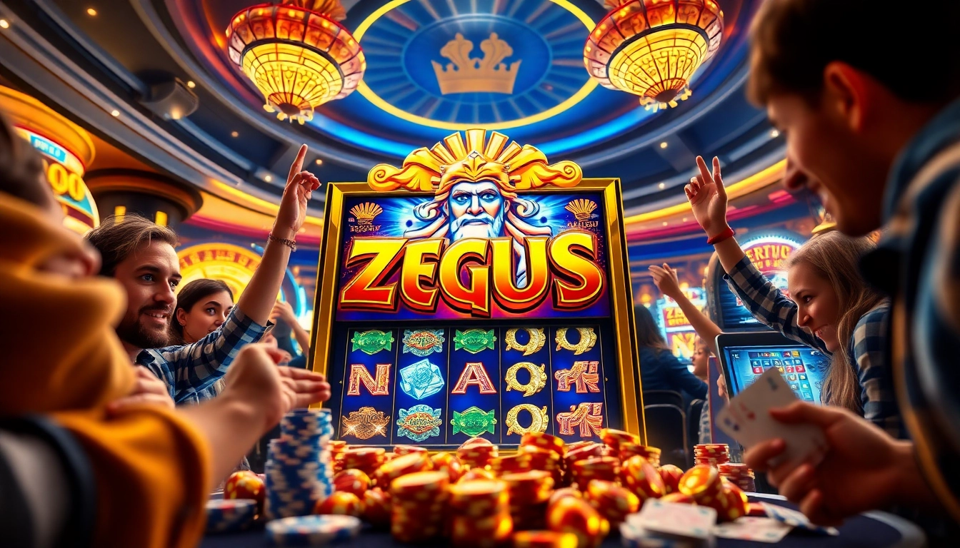 players enjoying big wins at the slot zeus machine in a luxurious casino setting