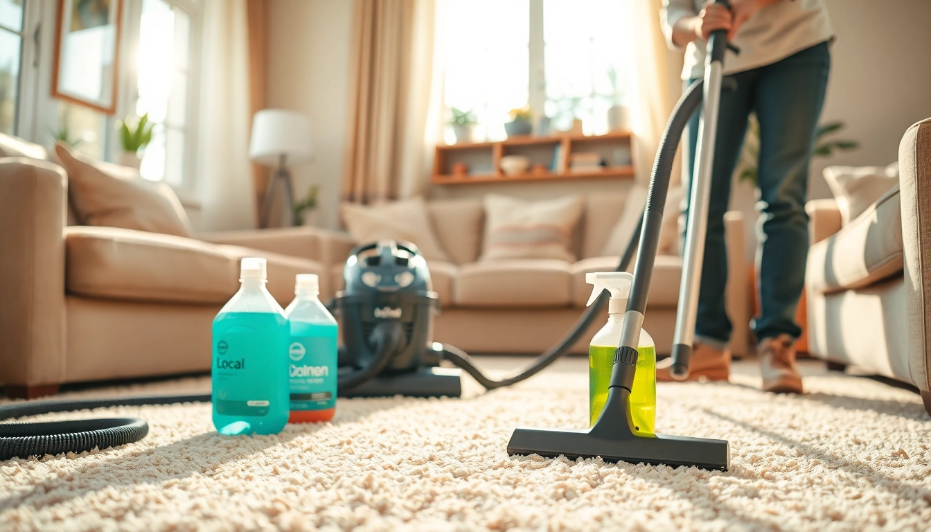 Local carpet cleaners providing expert carpet care in a well-lit home environment.