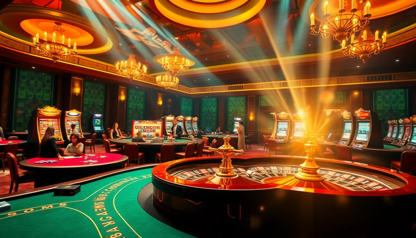 Immerse in the thrill of onicplay with an exciting casino atmosphere featuring poker tables and roulette wheels.