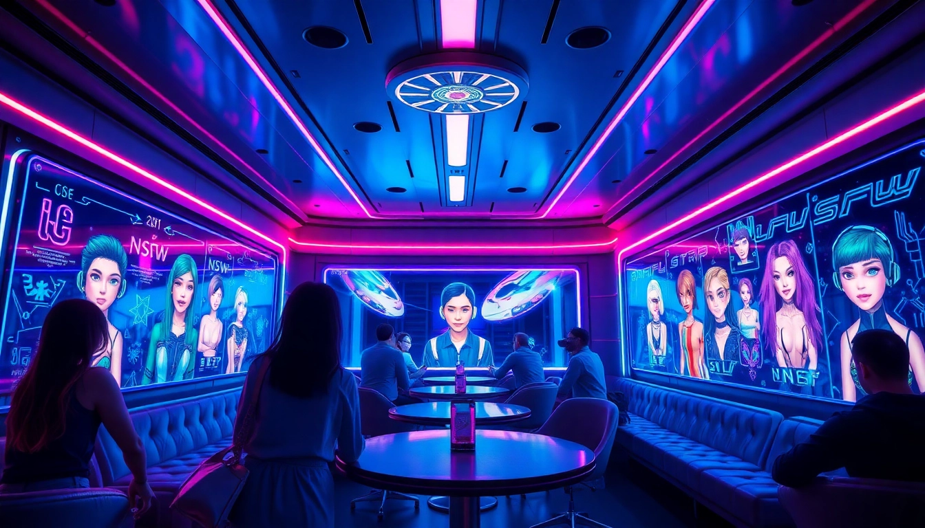 Interactive scene of character AI NSFW avatars in a futuristic lounge environment.