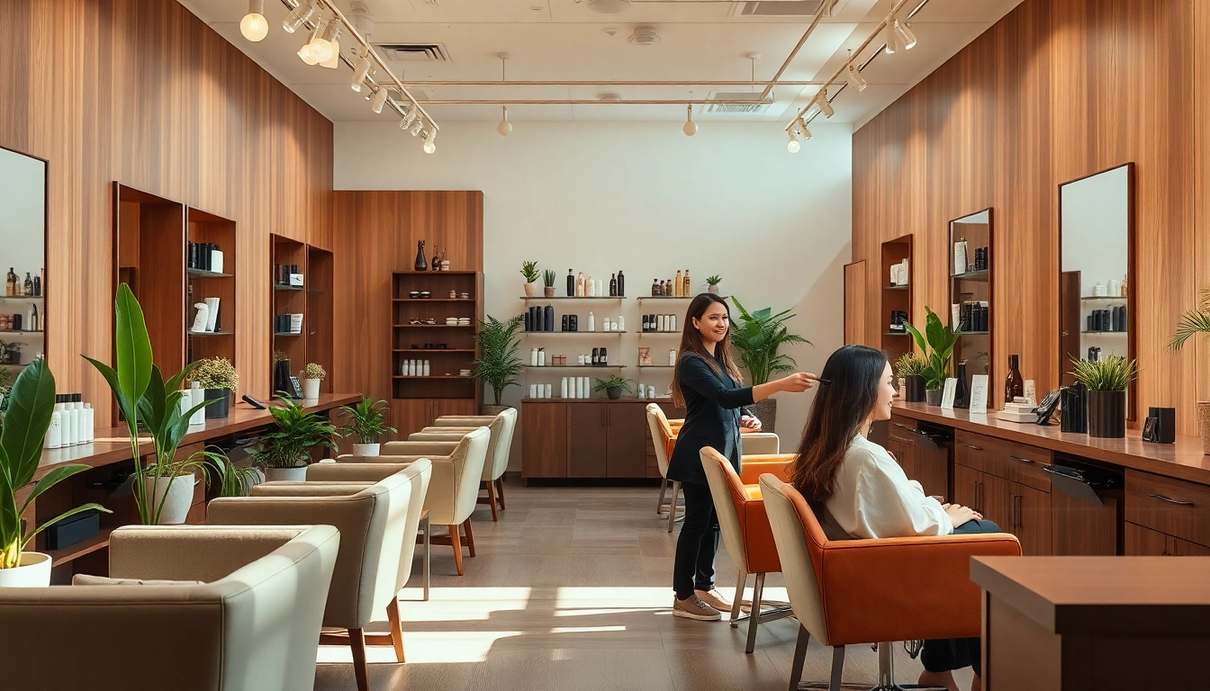 Best hair salon San Diego interior with stylist and clients in a cozy, elegant setting.